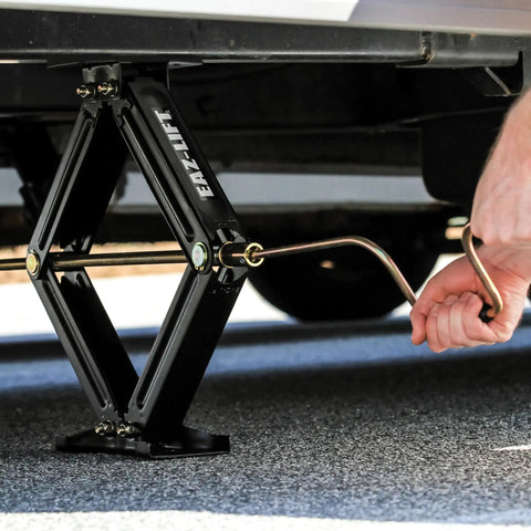 EAZ-Lift 24-Inch Rock-Solid RV Scissor Jacks Set Of 2 Heavy Duty Steel Construction 7,500 Lb Load Capacity Per Jack Rugged Camper Trailer Leveling Gear For Pop-Ups Trailers And Large RVs installed under RV with crank handle