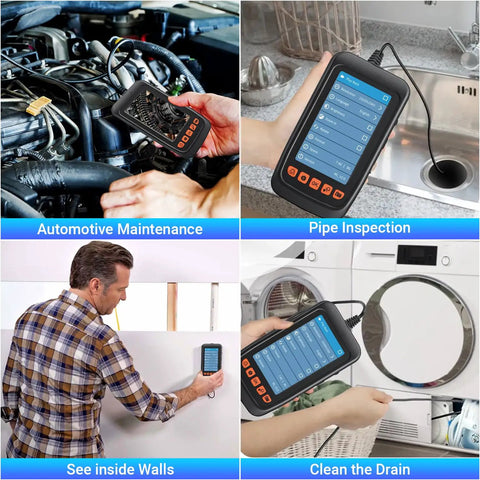 Endoscope Camera with Light and 4.3 Inch IPS Display used in car engine, sink, wall, and laundry drain inspections.