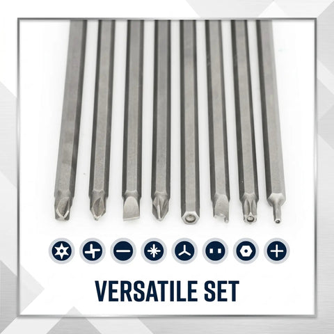 Heavy Duty Long Screwdriver Bit Set Contains Thirty Two Six Inch Reach Drivers With Quarter Inch Hex Shanks Forged From Tough S2 Steel featuring various bit styles.