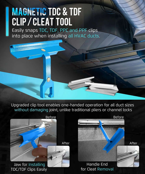 One Hand Magnetic Cleat Clip Tool For HVAC Ductwork TDC TDF PPC PPF Clips with 4 Inch Handle shown in use