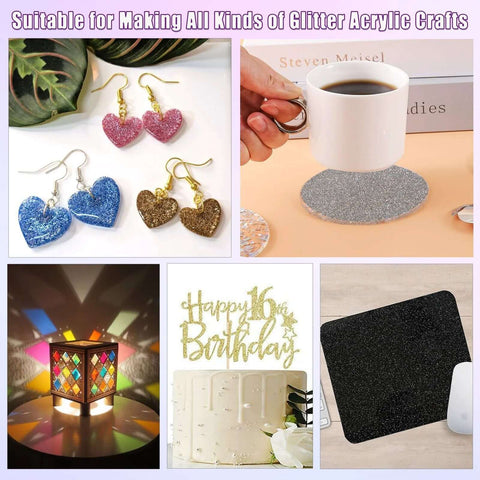 Glitter acrylic sheets, 1/8 in, 10 pcs, 8x8 in; collage includes glitter earrings, coaster, cake toppers, mouse pad.