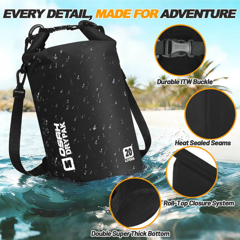 Floating Waterproof Dry Bag With Roll Top Seal And Free Phone Case, Heavy Duty Yet Lightweight Gear Sack in 20L size, black