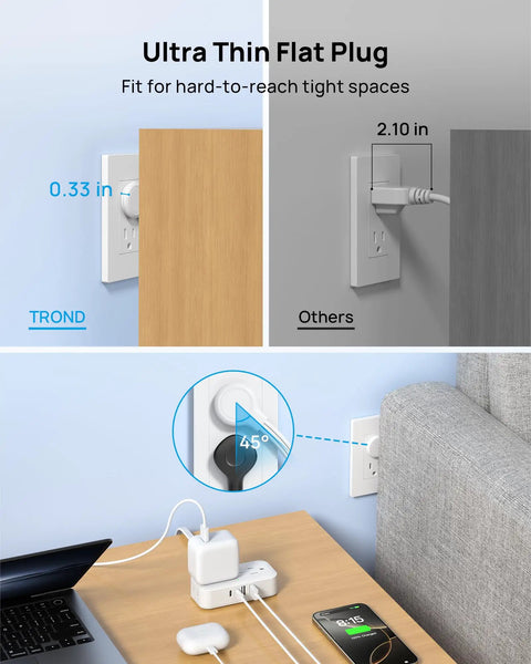 Flat Plug Power Strip With 8 In 1 USB Ports And Wall Mount fitting in tight spaces behind furniture.