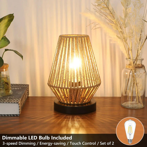 Cozy Boho Rattan Table Lamps Set Of 2 With Touch Control 3 Way Dimmable Nightstand Lamps, hand-woven rattan shade, black metal base