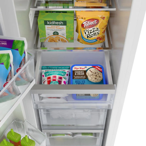 Inside view of 18 Inch Panel Ready Freezer Column With 8.6 Cubic Feet Heavy Duty Storage, Built In Ice Maker, Frost Free Energy Star Rated.