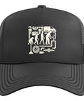 Daily Grind Plumber Evolution Trucker Hat For Dedicated Pipefitters And Licensed Plumbing Technicians With Breathable Mesh Panels And Adjustable Snap Closure In Black showcasing front design with plumbing graphics.