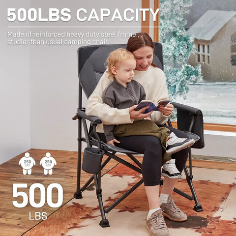Oversized Folding Camping Chair For Outdoors, Built Tough Heavy Duty Quad Lawn Chair with Side Pockets, high back, grey