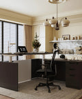 Upgrade Your Daily Grind With This Premium Executive Standing Desk Featuring Smooth Dual Electric Motors Four Memory Presets And Secure Storage L Shaped Khalba Oak Design in modern office setting.