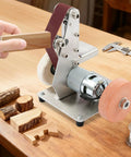Rugged Mini Belt Sander And Auto Knife Sharpener Buffer Gear With Badass 150 Watt Copper Motor, size with wood piece for sanding projects.
