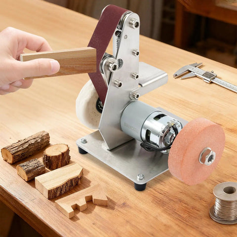 Rugged Mini Belt Sander And Auto Knife Sharpener Buffer Gear With Badass 150 Watt Copper Motor, size with wood piece for sanding projects.