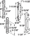 Diagram showing dimensions of White Diecast Mortise Patio Door Handle Right Hand Exterior Sliding Door Hardware With Thumbturn Multi Point Lock