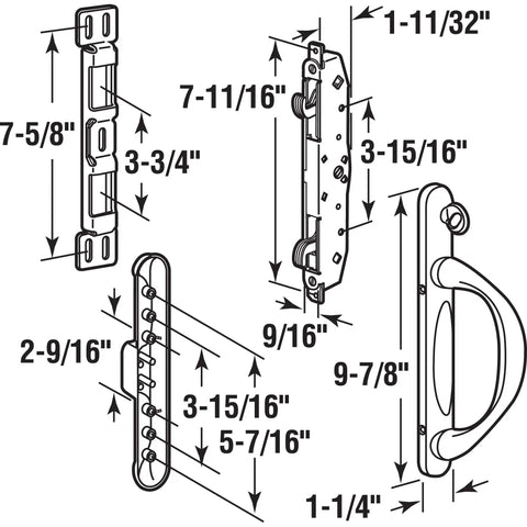 Diagram showing dimensions of White Diecast Mortise Patio Door Handle Right Hand Exterior Sliding Door Hardware With Thumbturn Multi Point Lock