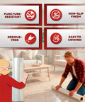 Man applying Carpet Protection Film Self Adhesive 24 Inch by 200 Feet 3 Mil Clear Sticky Carpet Protector on living room carpet
