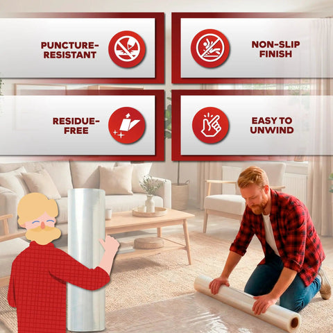 Man applying Carpet Protection Film Self Adhesive 24 Inch by 200 Feet 3 Mil Clear Sticky Carpet Protector on living room carpet