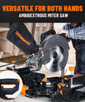 DOVAMAN 10-inch sliding miter saw with ambidextrous operation; gray body, orange adjustment knobs on a stand