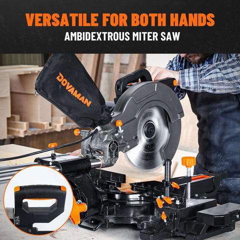 DOVAMAN 10-inch sliding miter saw with ambidextrous operation; gray body, orange adjustment knobs on a stand