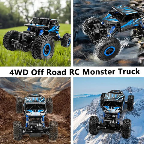 One Eighteen Scale Rock Crawler Remote Control Car With Four Wheel Drive And Two Point Four GHz Off Road Monster Truck Blue