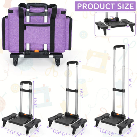 Portable Sewing Machine Case With Wheels And Shoulder Strap in purple showing dimensions of rolling trolley tote.