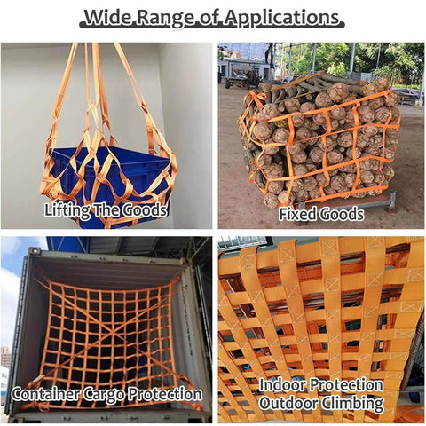 Heavy Duty Polyester Cargo Lifting Net 2.5m X 2.5m 8.2ft X 8.2ft Ultra Rugged Transport Net With Reinforced Stitching in four applications