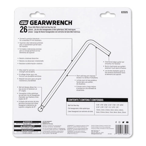 Packaging of 26 Piece SAE And Metric Ball End Long Arm Hex Key Set For Tight Spaces, Ball End Hex Keys With Long Reach, Alloy Steel Construction