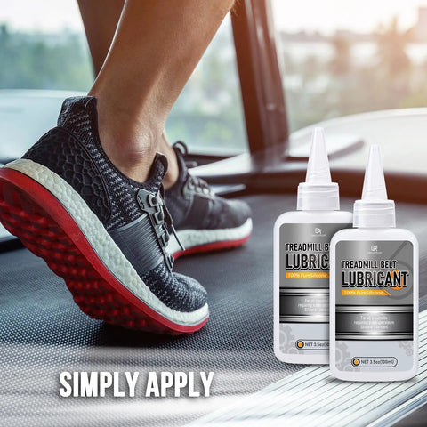 Runner on treadmill with 7oz Silicone Treadmill Belt Lubricant with application tubes high temp resistant odorless non toxic