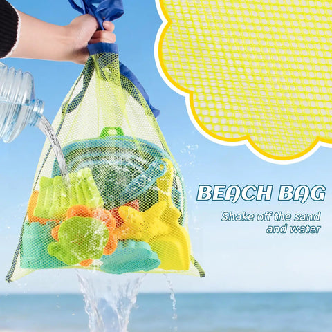 Collapsible Beach Toy Set For Kids Ages 3 To 12 in mesh bag with water pouring through on beach