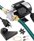 1/10HP Electric Water Transfer Pump With Two 6Ft Garden Hoses For Hassle Free Rain Barrel Draining And Reliable Flood Water Removal At A Steady 330GPH Flow, featuring pump, hoses, and accessories.