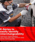 Person using paint sprayer on car with E-Series interchangeability information overlay