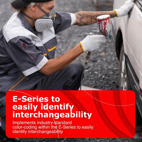 Person using paint sprayer on car with E-Series interchangeability information overlay
