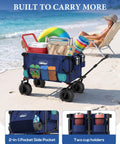 Beach Wagon With 9 Inch Balloon Wheels For Sand 200L Cart loaded with beach gear and cooler, parked on sandy beach.