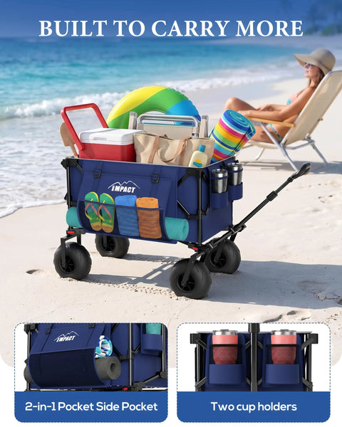 Beach Wagon With 9 Inch Balloon Wheels For Sand 200L Cart loaded with beach gear and cooler, parked on sandy beach.