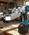 REWECI Cordless Rebar Threader Machine With 800W Brushless Motor And Lithium Battery, close-up of threading tool on workbench.