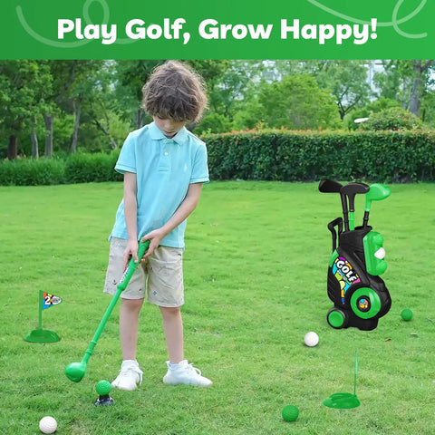 Kid Tested Retractable Toddler Golf Clubs Set With Smooth Rounded Shafts And Jumbo Safety Balls Perfect For Little Swingers Ages One To Four Top Shelf Green Play Gear, child using green golf club on grass.