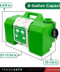 Portable Eye Wash Station 8 Gallon With OSHA ANSI Compliance, green HDPE unit, visible handle and eyewash label, side view