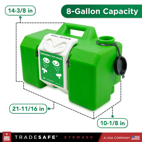 Portable Eye Wash Station 8 Gallon With OSHA ANSI Compliance, green HDPE unit, visible handle and eyewash label, side view