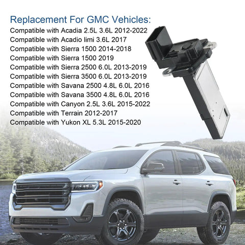 Mass Air Flow Sensor Replacement For Chevy Silverado Tahoe Traverse 2014-2020 Fitment For GM Trucks And SUVs Durable OEM-Quality MAF Sensor For Better Idle And MPG. Black MAF sensor with mounting tabs shown above GMC SUV
