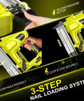 Rock Solid Heavy Duty 21V Cordless Brad Nailer With Two 2.0Ah Batteries And 1000 Fasteners, Smooth Shooting 18 Gauge Stapler And Nailer For Woodworking And Home Improvement, No Sweat Setup For Tough Diy Jobs showing 3-step nail loading system in action.