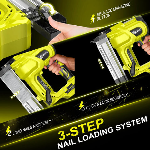 Rock Solid Heavy Duty 21V Cordless Brad Nailer With Two 2.0Ah Batteries And 1000 Fasteners, Smooth Shooting 18 Gauge Stapler And Nailer For Woodworking And Home Improvement, No Sweat Setup For Tough Diy Jobs showing 3-step nail loading system in action.