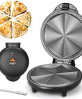 Bakers Friend Electric Quesadilla Maker 9.5 Inch with quesadilla cut into six wedges and open non-stick grill press.