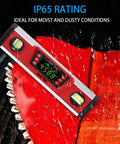 10 Inch Digital Torpedo Level And Protractor With IP54 Protection on wet surface, displaying electronic bubble inclinometer and gauge