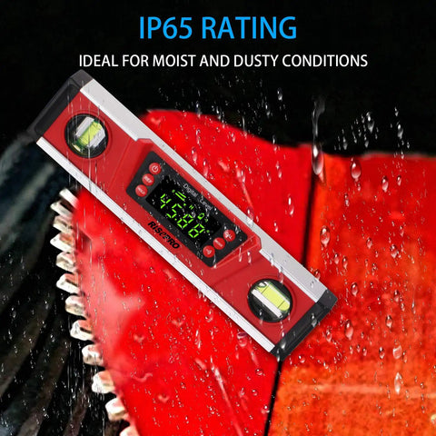 10 Inch Digital Torpedo Level And Protractor With IP54 Protection on wet surface, displaying electronic bubble inclinometer and gauge