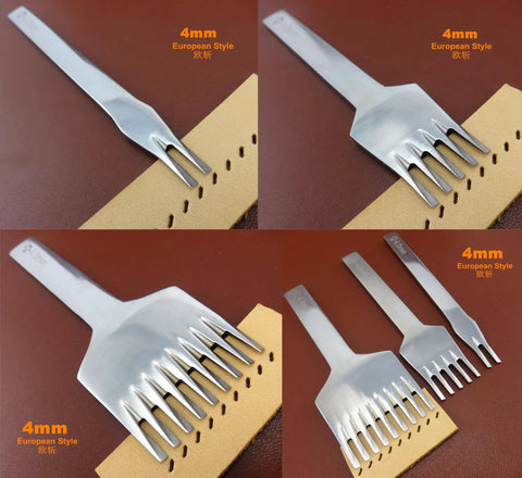 Three Piece 4Mm Leather Stitching Chisel Set With 2 Prong, 5 Prong, And 9 Prong Angled Hex Shaped Flat Head European Style Tools