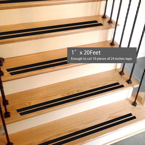 Heavy Duty Anti Slip Grip Tape With 80 Grit For Indoor Outdoor Stairs Non Slip Traction Treads Waterproof Sturdy Triple Layer Adhesive Black 1 Inch By 20 Feet applied on wooden stairs
