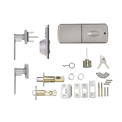 Keyless Entry Door Lock With Keypad And Motorized Deadbolt Traditional Handle Set, satin nickel finish, installation parts shown