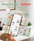 No Sweat Portable Label Maker With Bluetooth And One Touch Offline Printing For Sweet Home Office Organization Ready To Roll Including Tape In Classic Green White Finish showing NIIMBOT app with label designs on a smartphone.