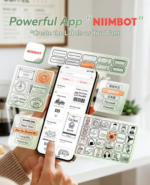 No Sweat Portable Label Maker With Bluetooth And One Touch Offline Printing For Sweet Home Office Organization Ready To Roll Including Tape In Classic Green White Finish showing NIIMBOT app with label designs on a smartphone.