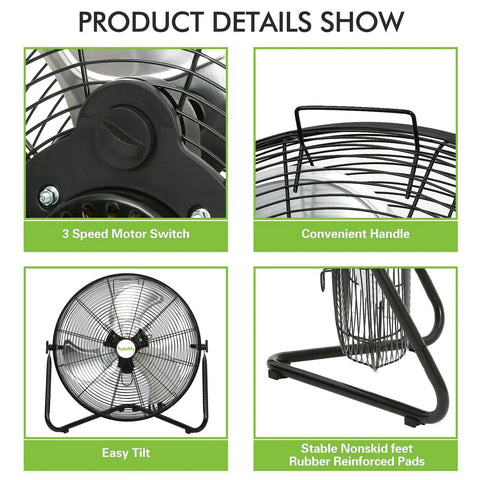 Heavy Duty 20 Inch High Velocity Floor Fan With Three Speeds And 4600 CFM For Industrial Shops Garage And Warehouse Use Portable Metal Grill With Built In Handle UL Listed details montage.