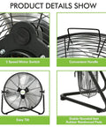 20 Inch High Velocity Floor Fan With 3 Speed Settings, Heavy Duty Metal Industrial Shop Fan details including motor switch and handle.