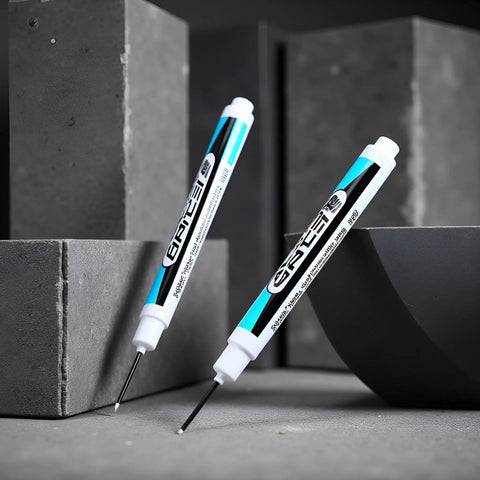 Top Shelf Four Pack Bold White Oil Based Permanent Markers Featuring Slick Quick Dry Ink And Razor Fine Nibs on gray background.