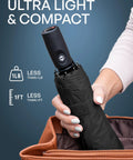 Person placing Windproof Travel Umbrella Auto Folding With 85 MPH Wind Resistance Beastly Compact Rain And Sun Shield into a bag
